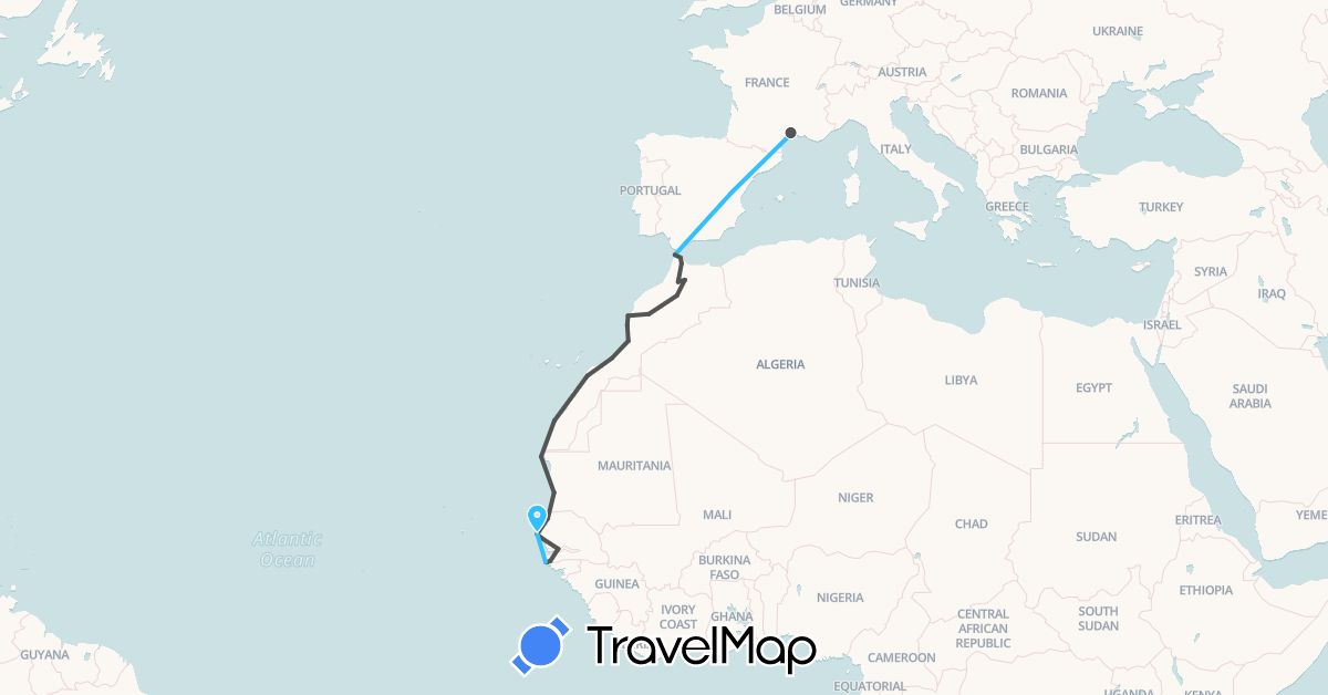 TravelMap itinerary: driving, boat, motorbike in France, Gambia, Morocco, Mauritania, Senegal (Africa, Europe)